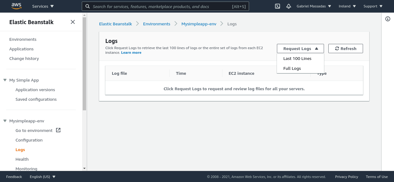 Requesting logs inside Elastic Beanstalk