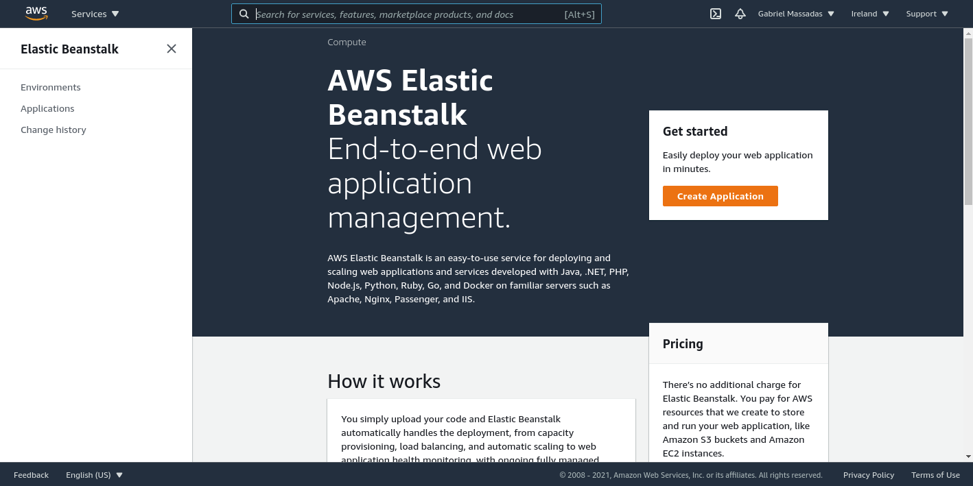 Elastic Beanstalk panel inside AWS Console