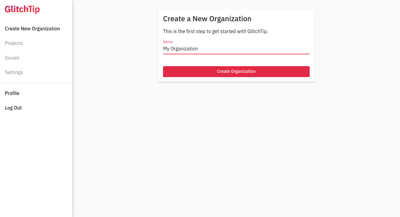 Create organization screen in GlitchTip